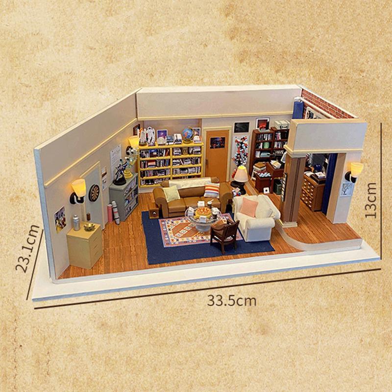 DIY Wooden Sheldons's Apartment Casa Miniature Building Kits Bookend Lights Assembled Bookshelf Home Decoration Friends Gift