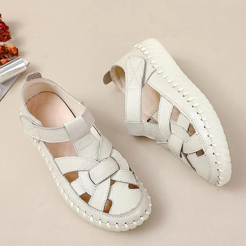 Fashion New T Strap Roman Shoes 43 Woman Genuine Leather Flats Fisherman Sandals Women's Summer Hollow Breathable Lazy Shoes Lady Flats