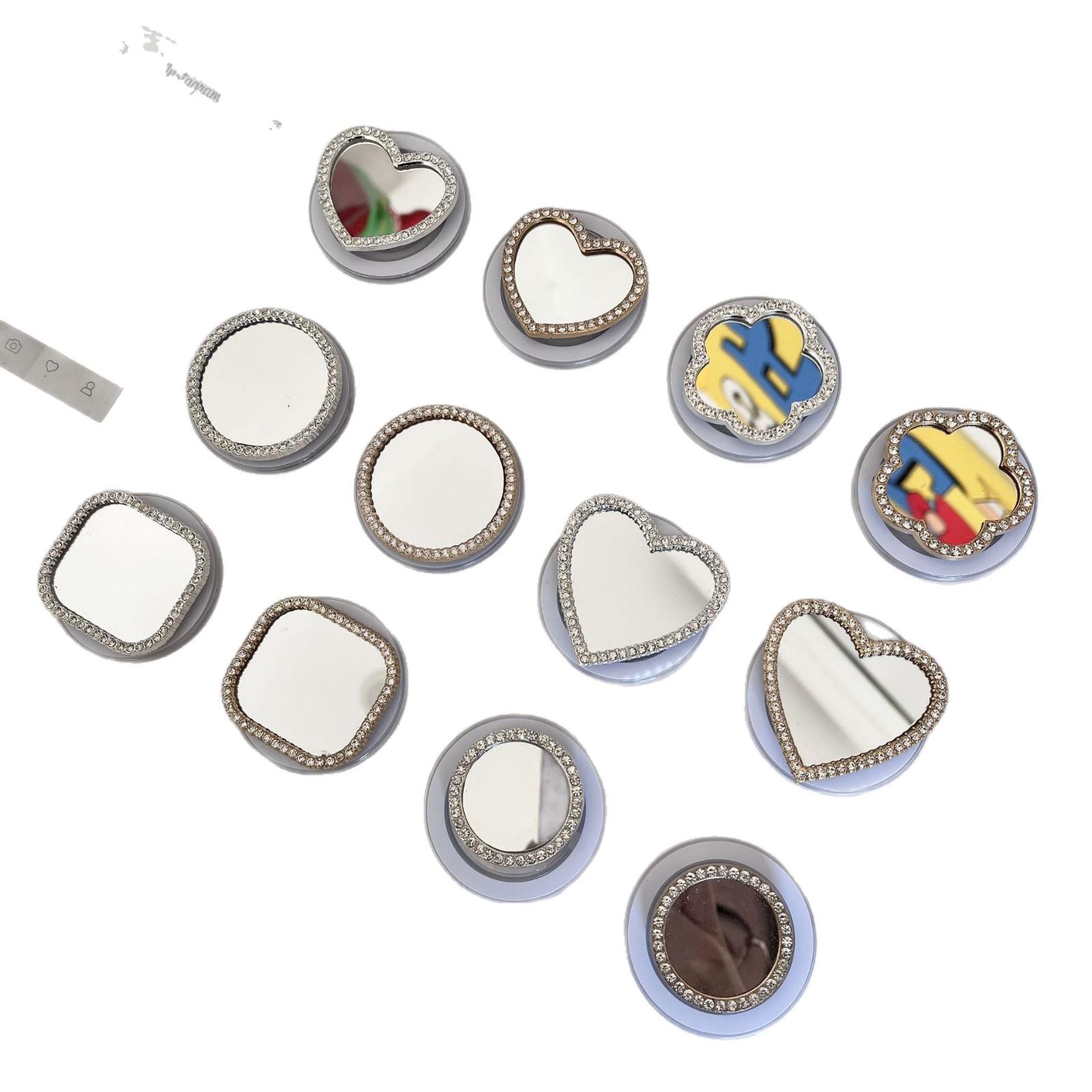 Rhinestone Heart Flower Phone Grip & Makeup Mirror Flower Mirror - Silver