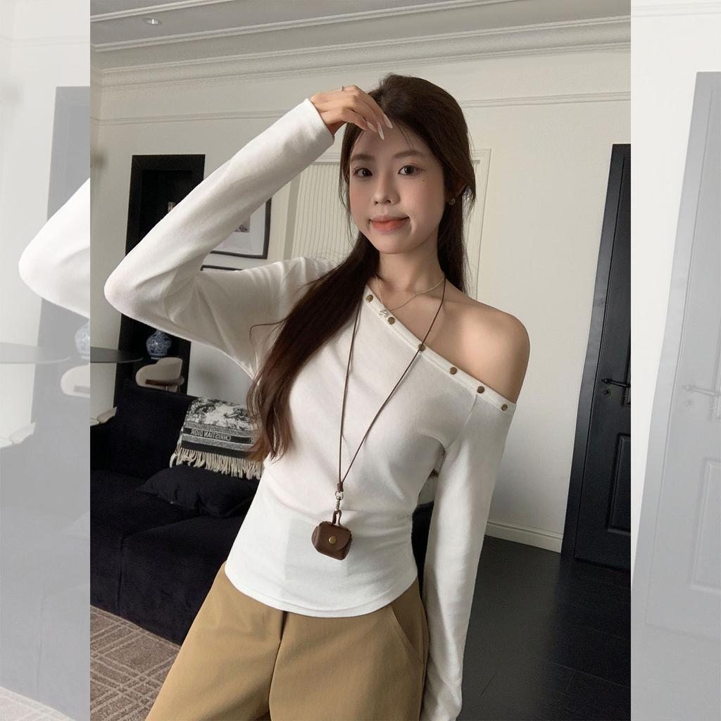 Casual High-waisted Trousers Women's Inner One-word Diagonal Neck Off-the-shoulder Long-sleeved T-shirt Autumn and Winter New Bottoming Shirt Top