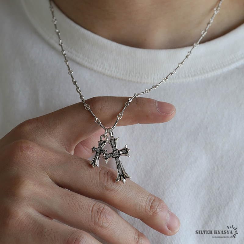 Collier Double Croix Collier Chaîne Torsadée Or 18KGP Argent 50cm Croix Pierre Claire Tendance Populaire [argent KYASYA] Homme