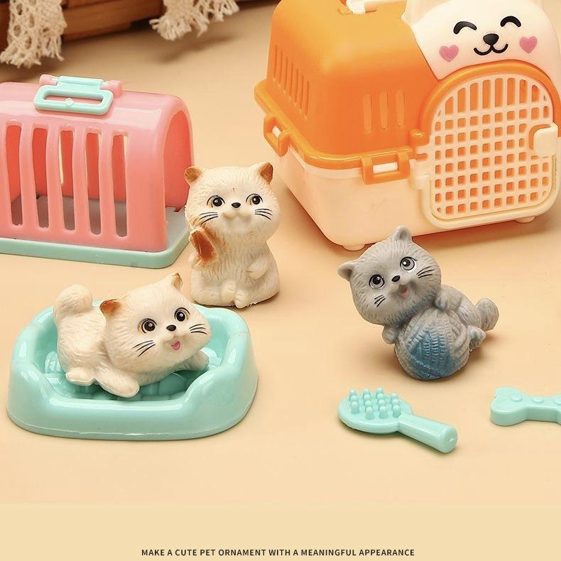 Mini-Tierkatze-Hund-Figur Spielset, Rollenspiel-Tierpflege-Spielzeugset mit Käfig-Futterzubehör für Kinder