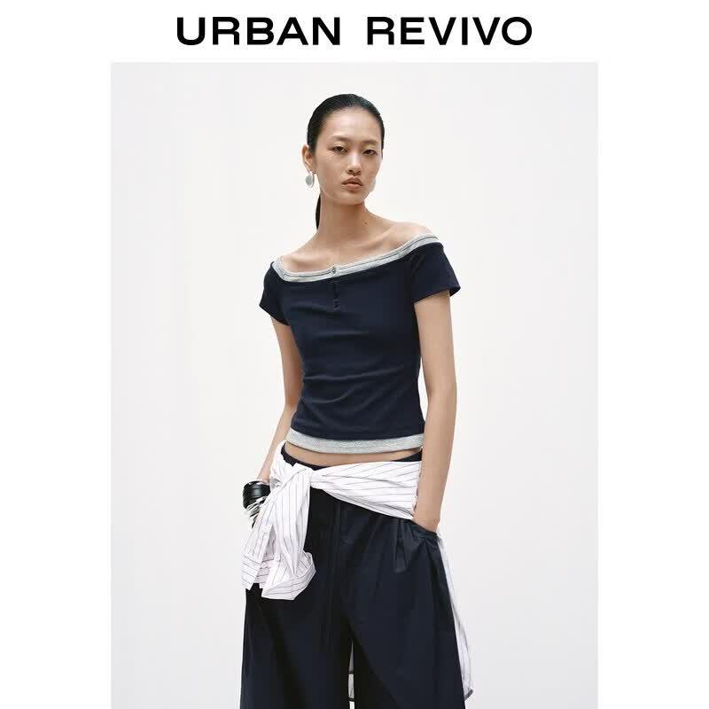 UR2026 Women s Trendy Color-block Off-Shoulder Slim T-Shirt L