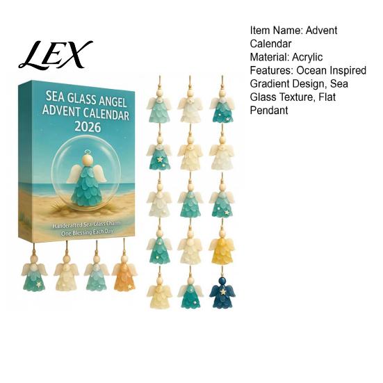 Ocean Theme Home Decor Sea Glass Angel Advent Calendar with 24 Hanging Ornaments for Christmas Tree Decoration, Exquisite Holiday Gift Box Handmade 2D