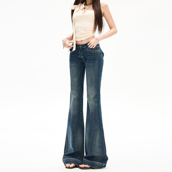 Yi Mengling Retro Washed Women s Micro-Flare Jeans - 2026 Spring Collection, High Elasticity Slim Fit. Extra Small
