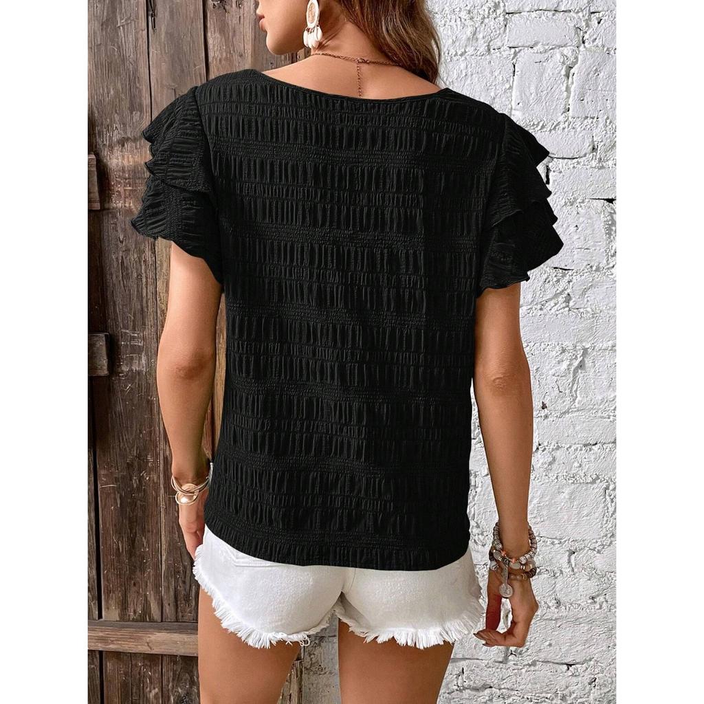 IHUASU Women's Summer Double Layer Lotus Sleeve Round Neck Style Pullover T-shirt Women