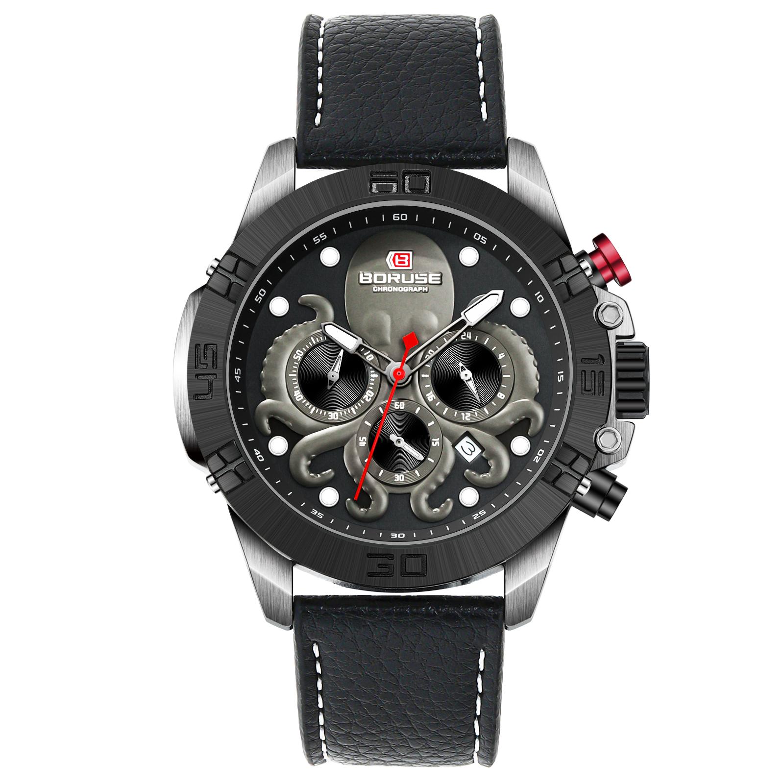 

BORUSE Часы в стиле панк, повседневные мужские часы, часы Octopus, кварцевые мужские часы с большим циферблатом, мужские часы с кожаным ремешком для мужчин чёрный