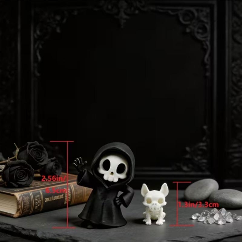 Small Table Decorative Figure with Hooded Skull Character, Collector Shelf Piece for Desk Display and Themed Styling