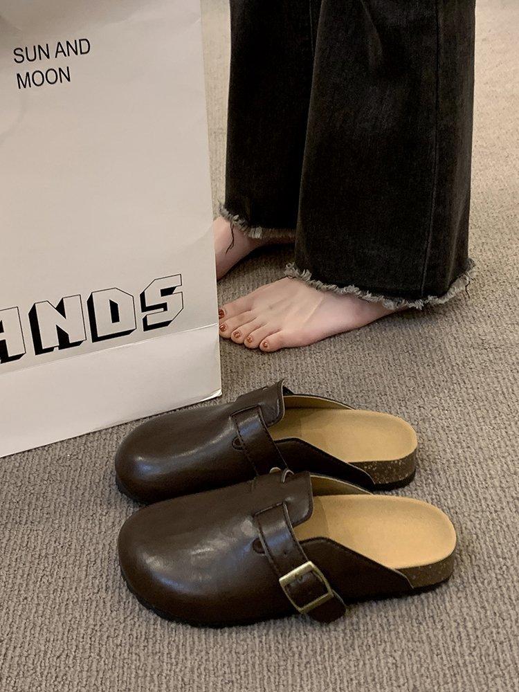 

Platform-soled Boken shoes with one foot, leather bag head and half slippers, women s outer wear 2025 new autumn ugly Boken slippers 40 коричневый