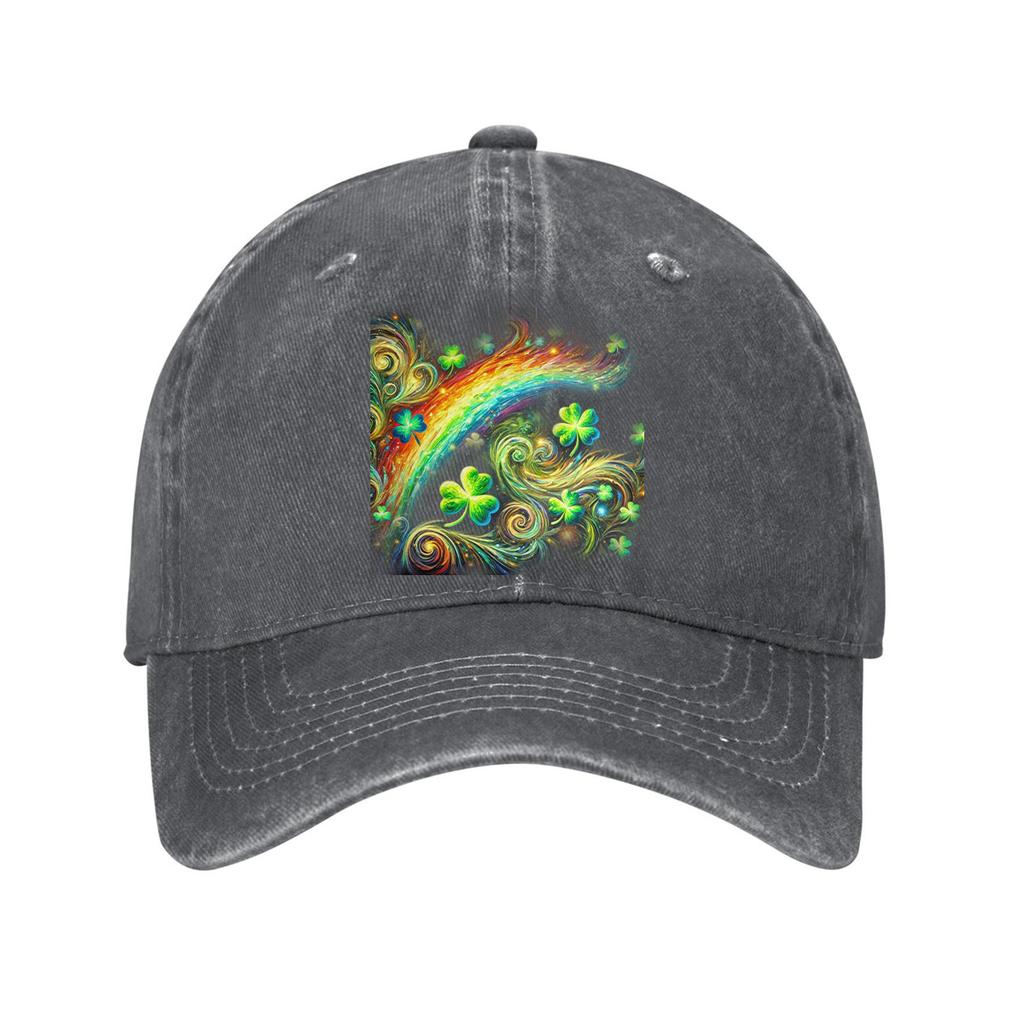 St Patricks Day Rainbow Clover Print Cotton Baseball Cap Adjustable Curved Brim Casual Dad Hat Unisex