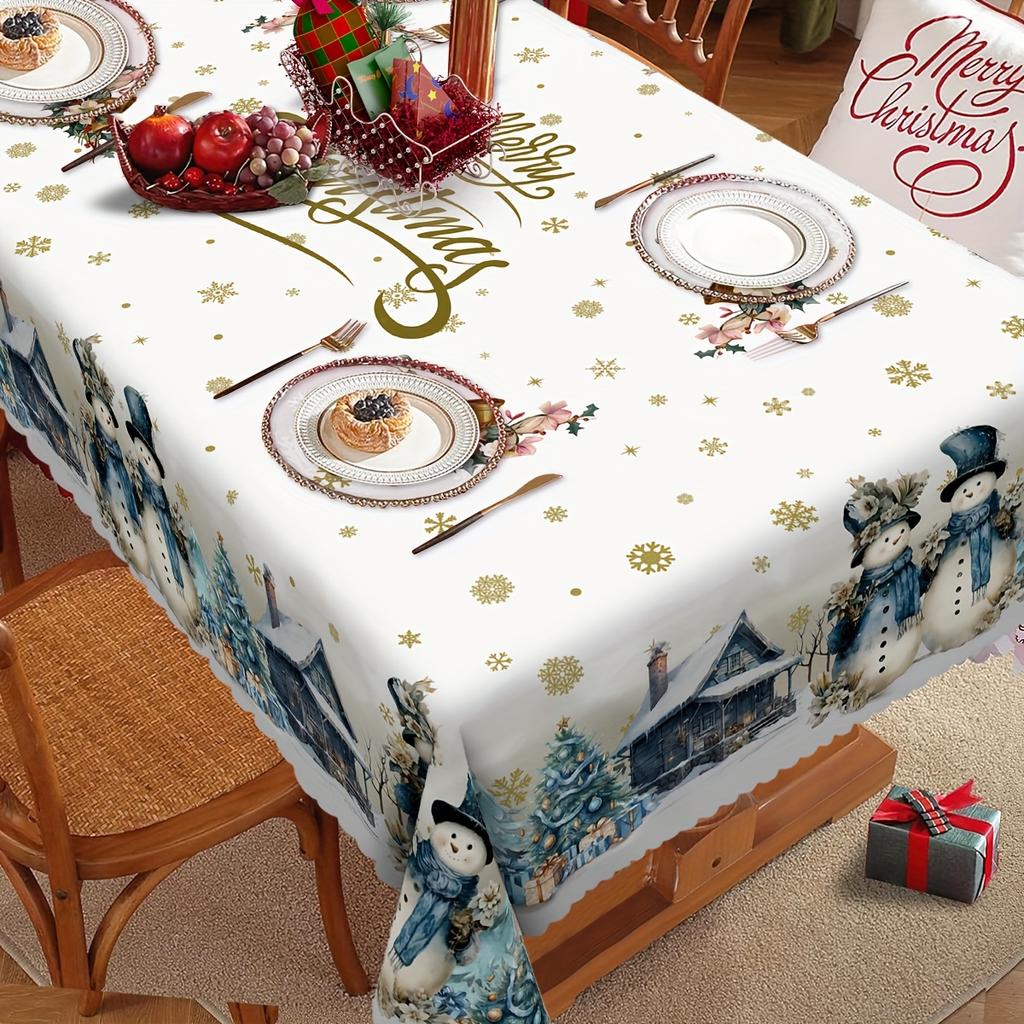 Christmas Snowman Gold Snowflake Waterproof Tablecloth Rectangular Party Wedding Holiday Decor