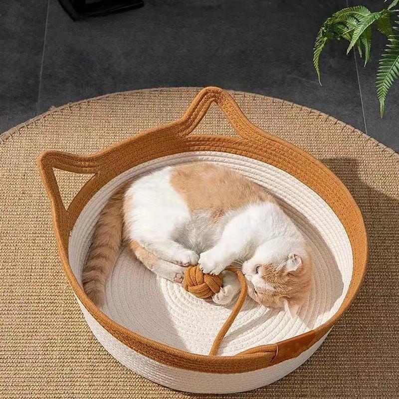Cat Rattan Bed Round Hand Woven Kitten Bed Summer Wear-resistant Cooling Bed Indoor Sleeping House M/L Size Pet Accessories