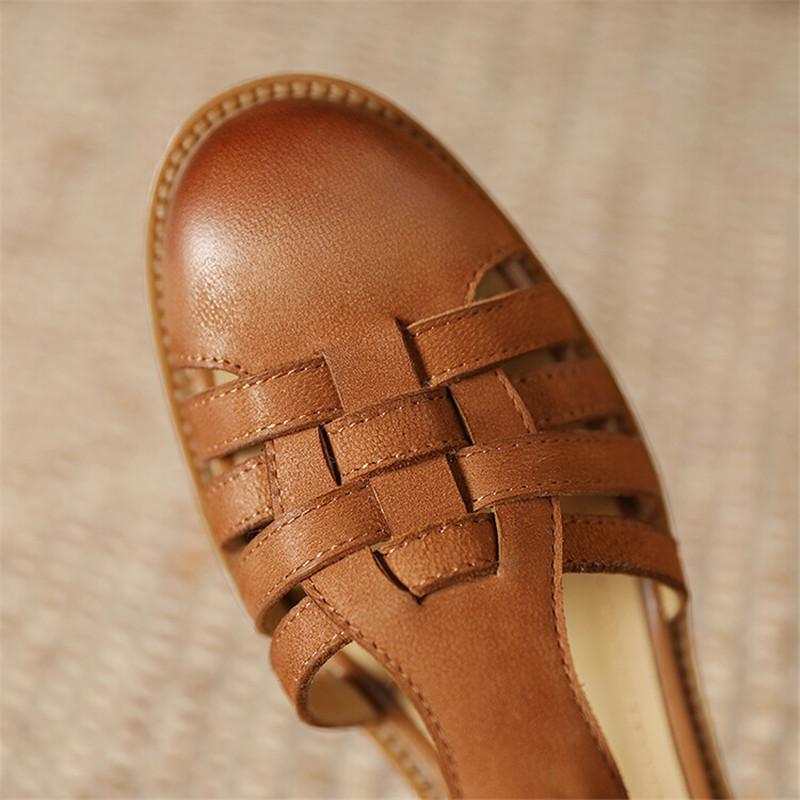 Fashion New Summer Sandals Genuine Leather Sandals Casual French Retro Round Toe Hollow Out GLADIATOR Sheepskin Sandals Thick Heel Shoes