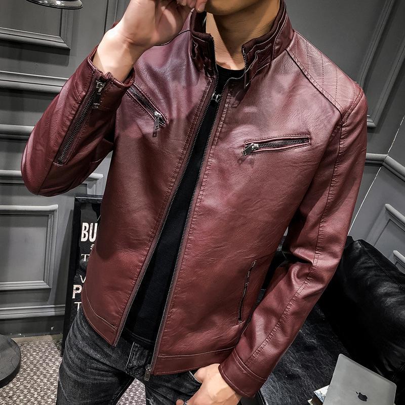 Pánská PU kožená bunda Pánská trendy mládežnická plyšová a silný stojací límec Punková pánská motorkářská kožená bunda