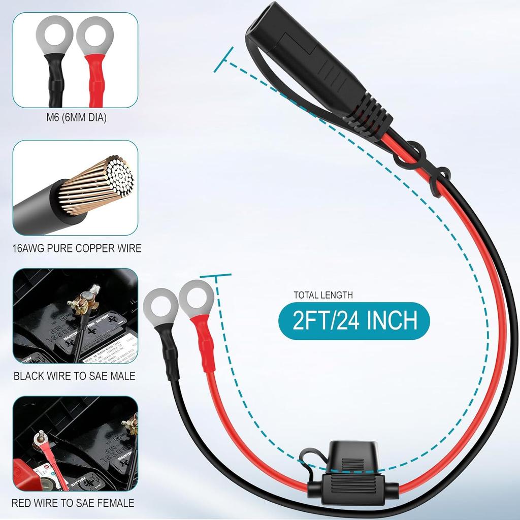 SAE Extension Cable, Battery Tender Extension Cable For Motorcycle/Motorbike/Car/Solar Panel, 16AWG SAE Battery Connector 2FT, SAE Adapter (2PACK)