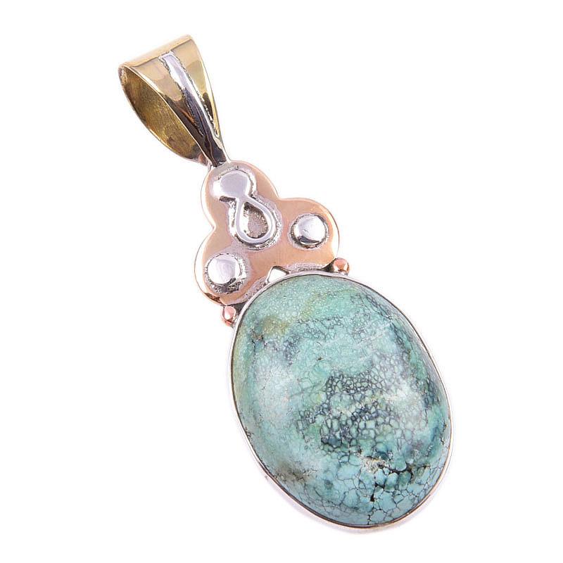 Natural Tibetan Turquoise Gemstone 925 Solid Silver Two Tone Pendant 1.75" D3a83