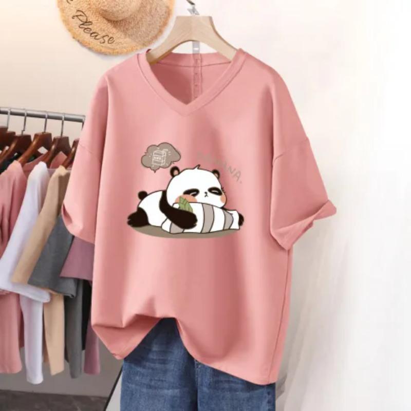 Kurzärmeliges T-Shirt, Locker sitzend, Schlankmachendes bedrucktes V-Ausschnitt-Top für Damen