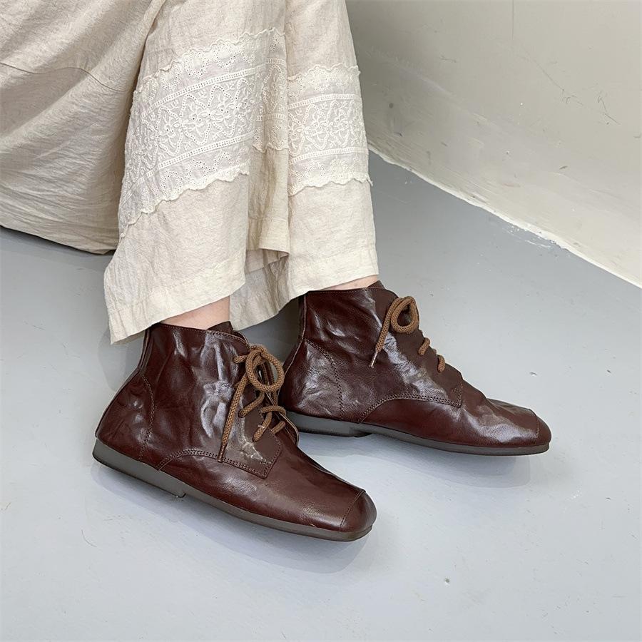 Johnature Bottines Plates Courtes Rétro Cuir Véritable Bout Carré Lacets Bottines Femme