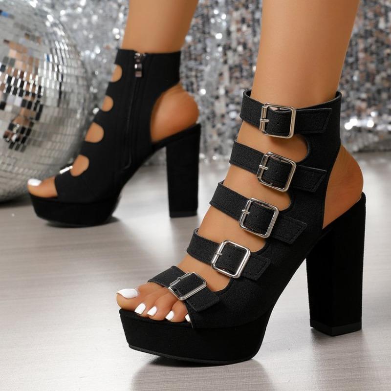 2026 Women Summer New Platform Fashion Cutout Metal Buckle Non-slip Block Heel Roman High Heels Fish Mouth Sandals