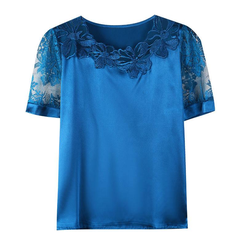 Spring/Summer Stretch Satin Lace Short Sleeve Top Plus Size Stitching Solid Color Shirts for Office Ladies