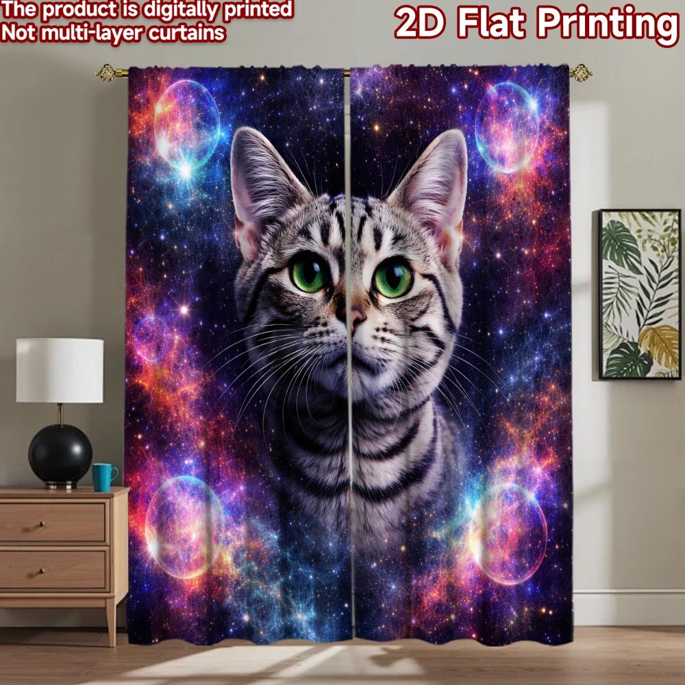 2D Flat Printing 2pcs Curtain Party Window Curtains Cosmic Cat Portrait Digital Printed Polyester Drapes Birthday Party Use for