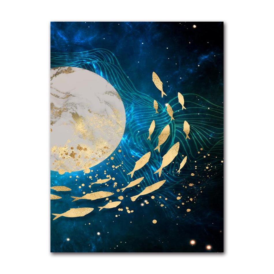 Painting Big Blue Poster Print Luxurious Wall Art For Living Room Aisle Gold Tableaux Picture Abstract Gold Fish Chinese Canvas