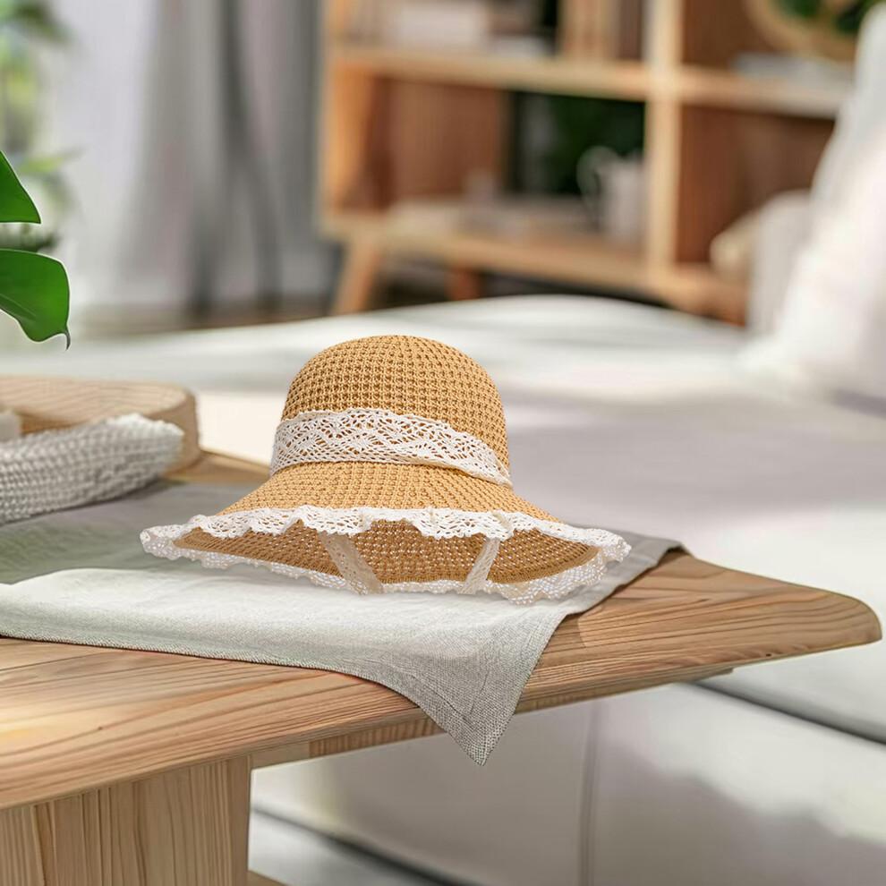 (One Size, Khaki) Women Summer Straw Hat Bucket Cap Lace Patchwork Bucket Hats UV Protection Beach Holiday Sun Hat