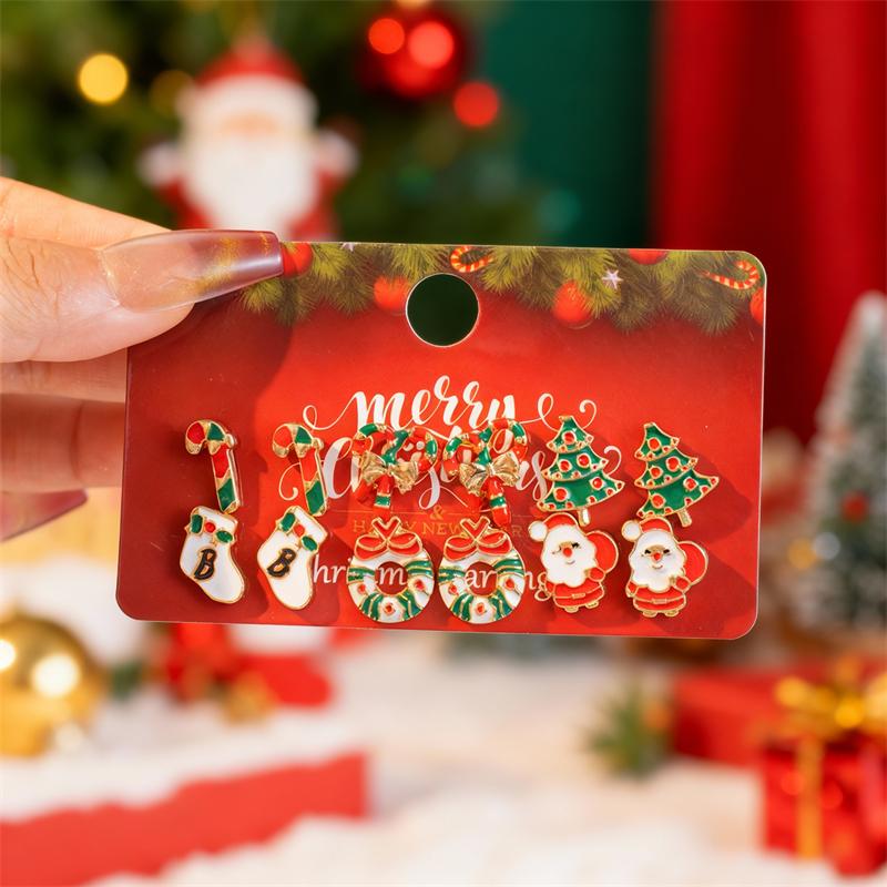 12 Pcs Santa Claus Christmas Tree Bell Earrings New Year Jewelry Cute Christmas Gingerbread Snowflake Earrings Set for Women