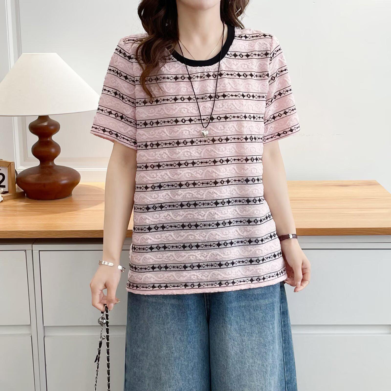Women s Plus Size Lace Retro Stripe Jacquard Short Sleeve Casual Top XL розовый