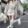 Elegant Solid Two-piece Skirt Sets Women Zipper Hoodies Jacket + Split Mini Skirt Autumn Winter Sexy Korean Style Outfits New