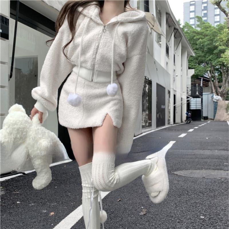 Elegant Solid Two-piece Skirt Sets Women Zipper Hoodies Jacket + Split Mini Skirt Autumn Winter Sexy Korean Style Outfits New