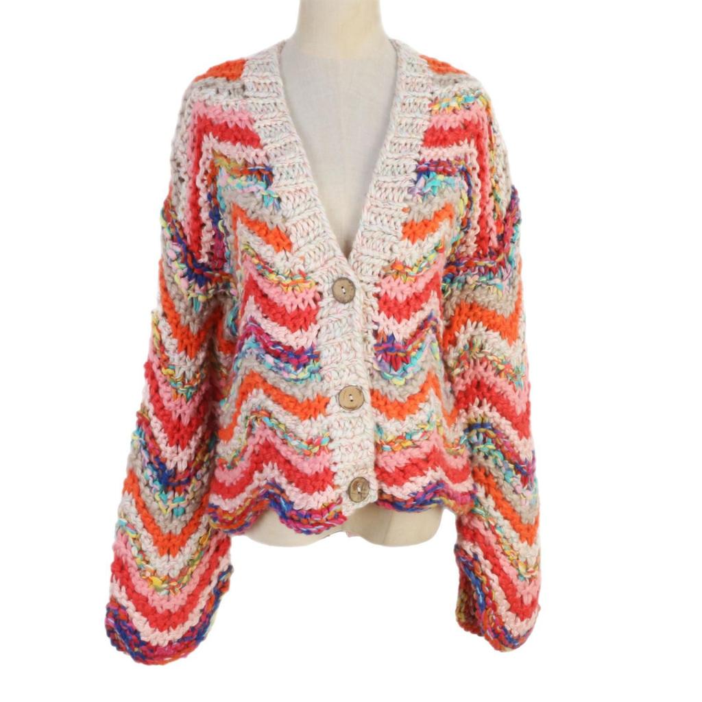 European-American Trendy Rainbow V-Neck Cable Knit Cardigan Sweater - Autumn & Winter Loose Fit for Women.