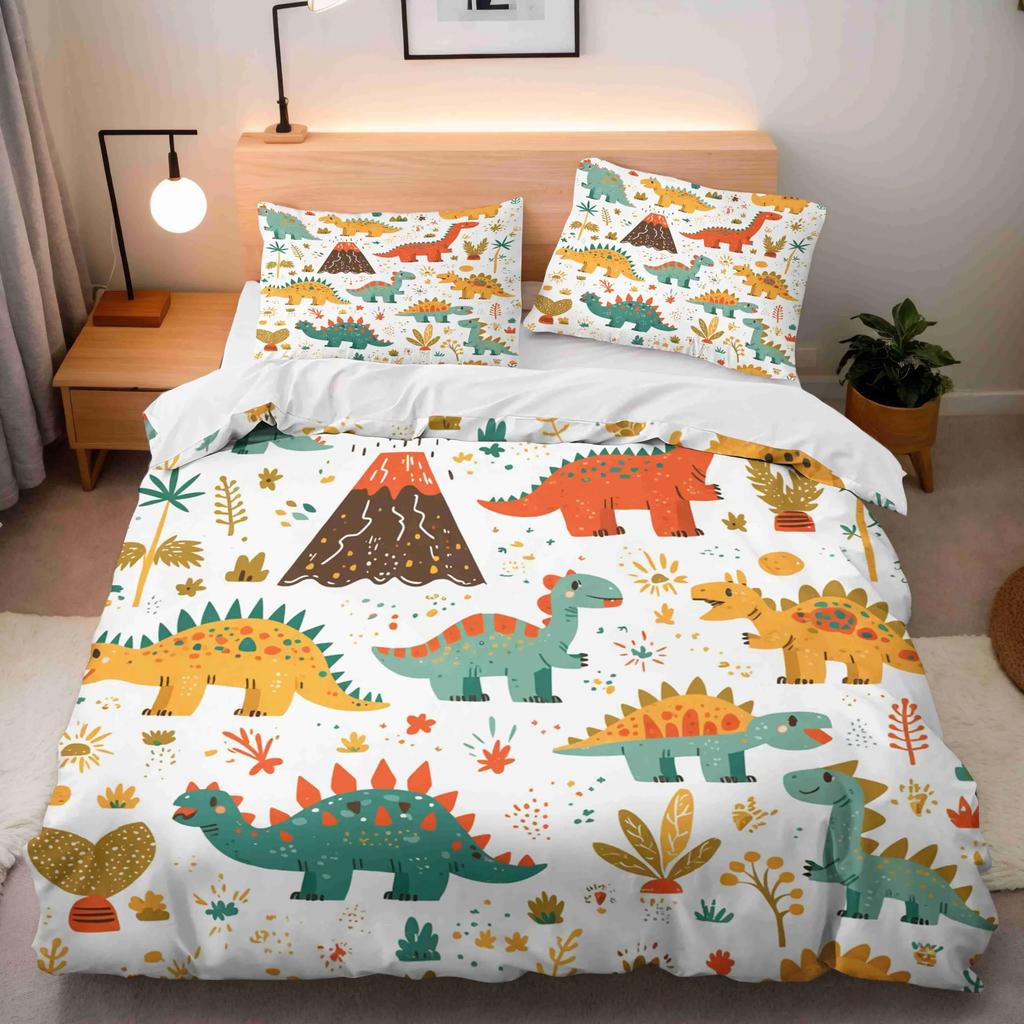 Kawaii Dinosaur Duvet Cover Queen Size For Kids, Cute Colorful Cartoon Soft Comforter Covers With Zipper Closure Bedroom Bedding