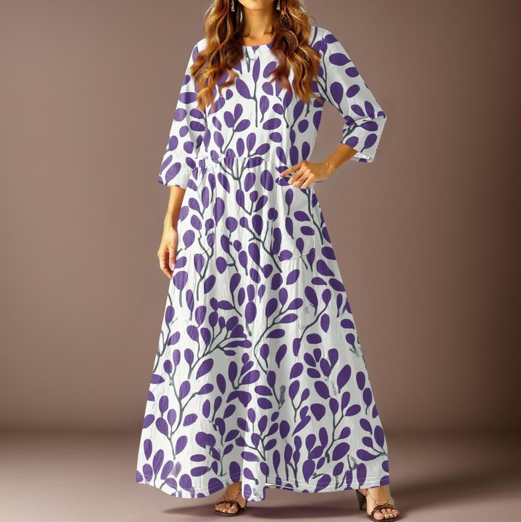 Women's Casual Fashion Vintage Floral Print Three-quarter Sleeve Long Dress With Pockets