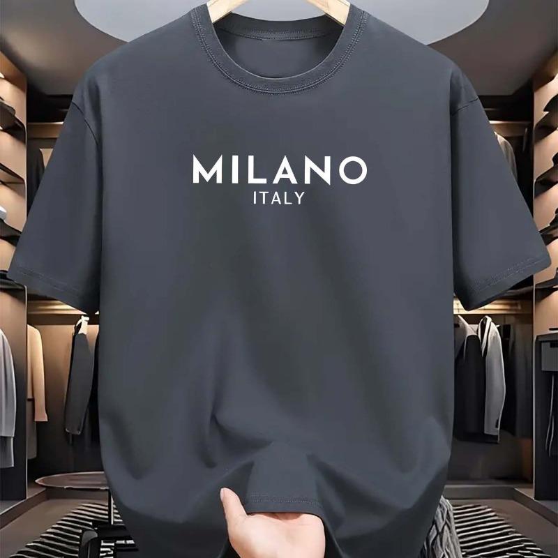 

Summer Men s Cotton Casual Loose and Fashionable MILANO ITALY Letter Printed Round Neck Short Sleeved T-shirt Top XL сірий