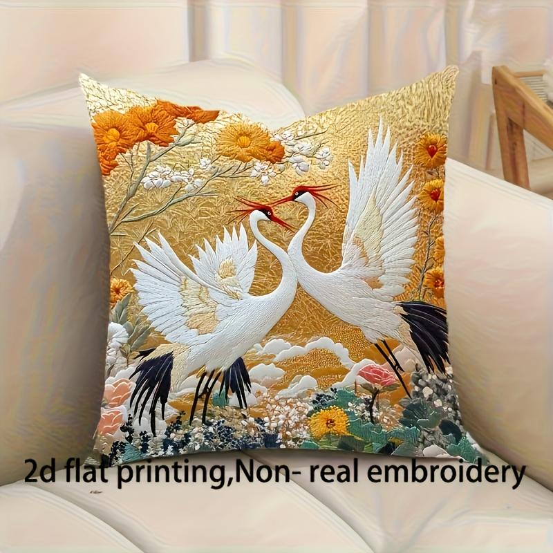 Golden Red-Crowned Crane Pillow Cover 2D Faux Embroidery Print Cushion Case Oriental Floral Home Decor Gift