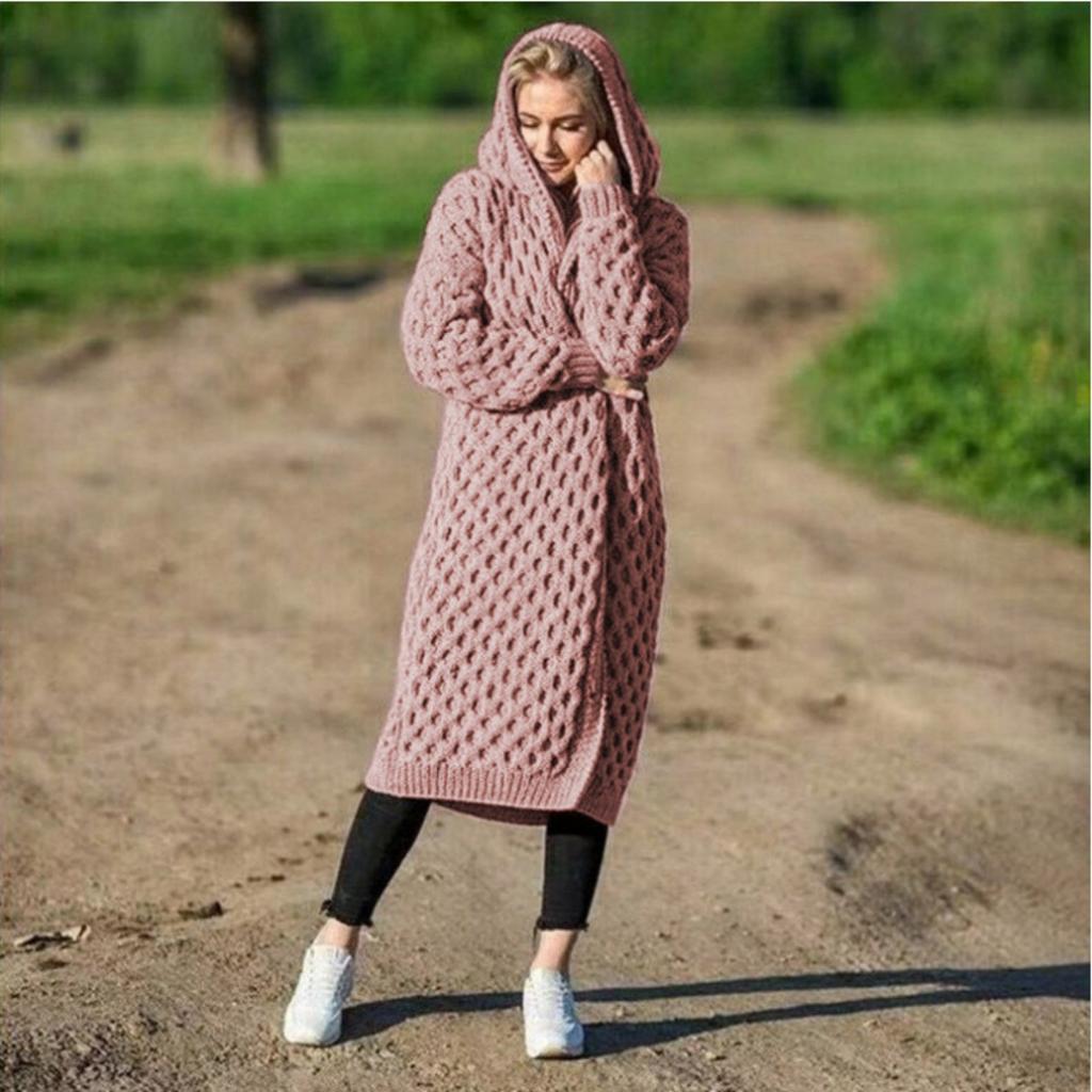 Women's Long-sleeved Solid Color Loose Long Sweater Cardigan With Hood Coat