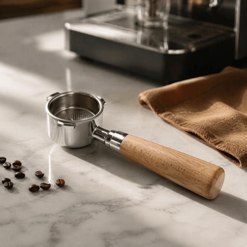 304 Stainless Steel and Wood Bottomless Espresso Portafilter for DeLonghi Espresso Brewing
