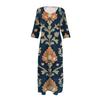 Dresses For Womens Vintage Print Tunic Waisted Midi Dress Summer Casual 3/4 Sleeve Dress