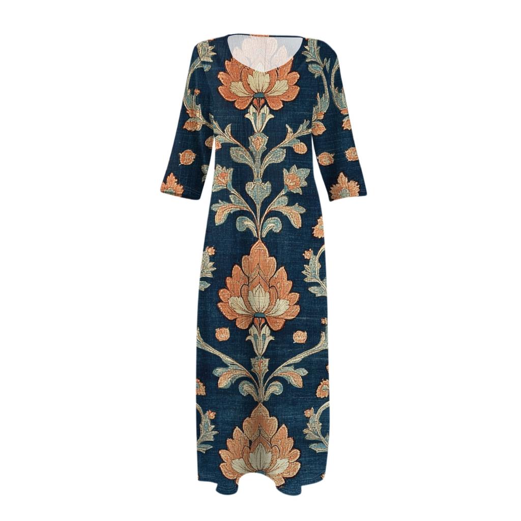 Dresses For Womens Vintage Print Tunic Waisted Midi Dress Summer Casual 3/4 Sleeve Dress