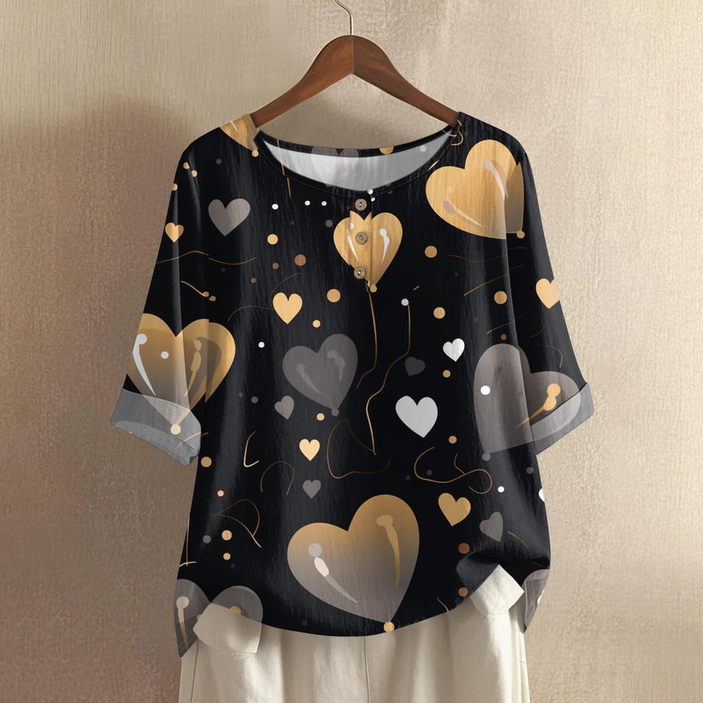 Damska casualowa i wygodna bawełniano-lniana bluzka z okrągłym dekoltem, średniej długości, z modnym nadrukiem