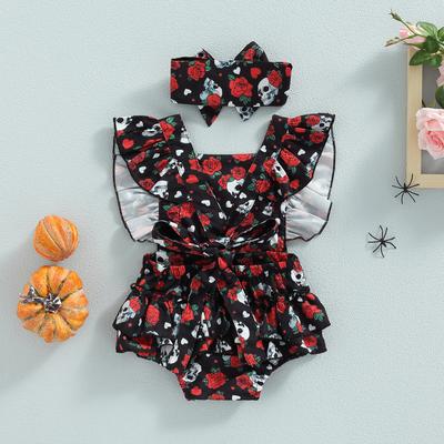 2-teiliges Halloween-Outfit für Baby-Mädchen, Strampler mit Rosen-Totenkopf-Print, quadratischem Ausschnitt und Rüschen + Haarband-Set für Kleinkinder, 0–24 Monate