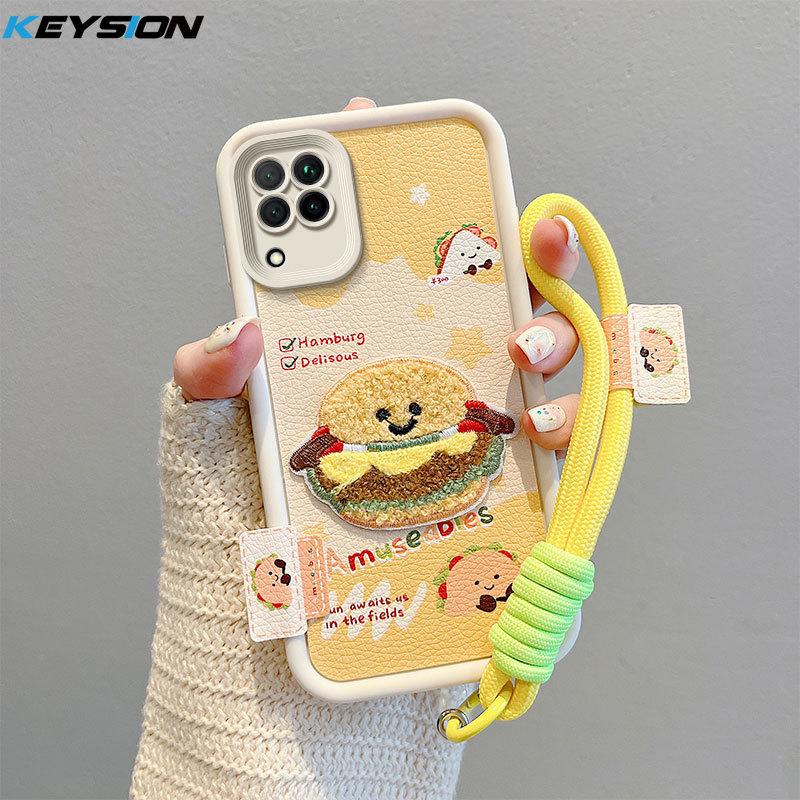 KEYSION Cartoon Cute Plush Embroidery Case for Samsung A12 with Lanyard Soft Silicone Shockproof Phone Back Cover for Galaxy M12