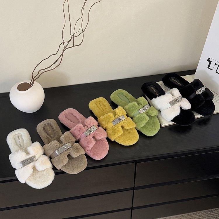 Comfortable Princess Thick-bottomed Fluffy Slippers Women's Autumn and Winter High-end Outer Wear 2025 New Indoor Home One-word Cotton Mop