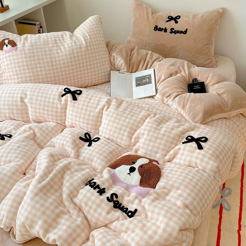 Thickened Milk Fleece Bed Four-Piece Set Fleece Quilt Cover Bed Sheet Coral Flannel Children'S Cartoon Bedding