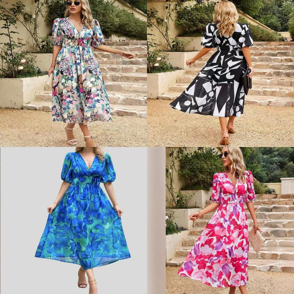 Floral Print V Neck Dress With Short Lantern Sleeves For Casual Female Wear