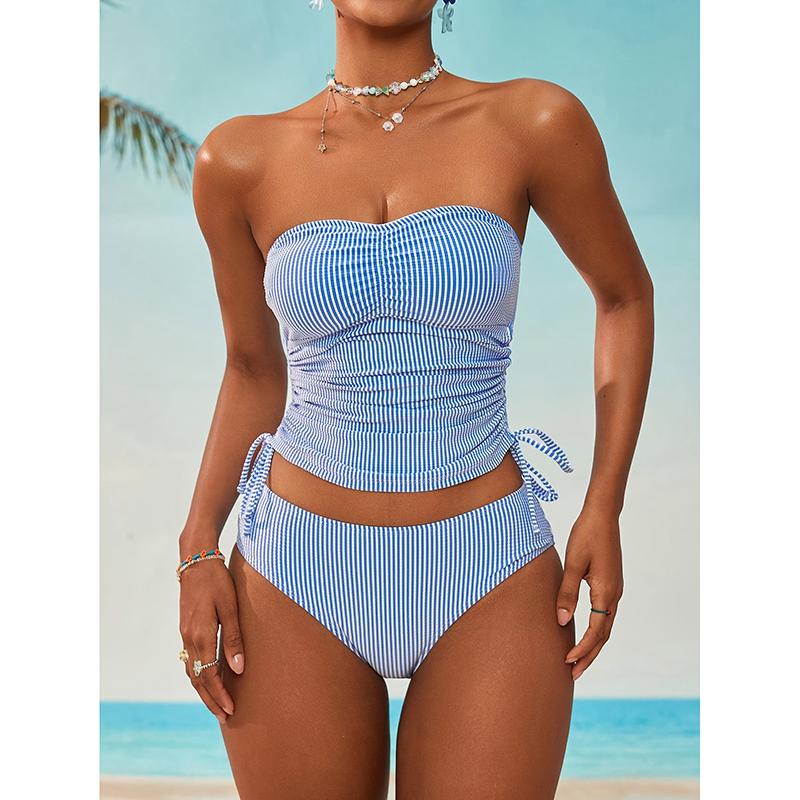 Модный комплект танкини Синий полосатый купальник из двух частей с плавками с высокой посадкой Летний комплект из двух частей S синий