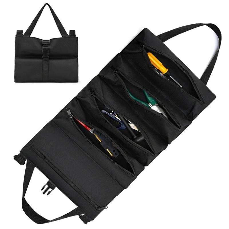 Roll Up Tool Bag Canvas Tool Organizer With 5 Zipper Pockets Hanging Tool Zipper Carrier Tote For Electrician Car Moto Repair