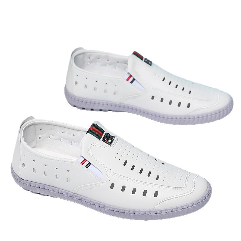 Men's sandals soft leather mesh breathable hollow hole shoes casual versatile lazy one pedal shoes