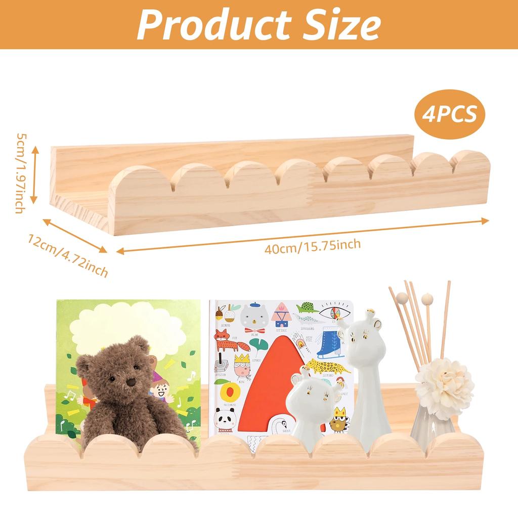 3/4Pcs Scalloped Wood Wall Storage Shelf Strong Load Bearing Wooden Floating Wall Shelf With Hook Decorative Display Shelf
